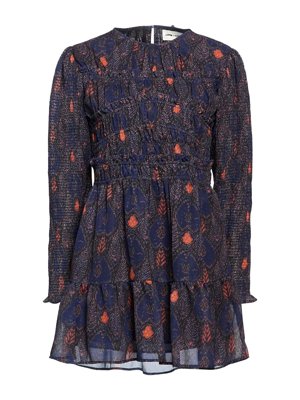 Antik Batik Navy and Orange Printed Long-Sleeve Tiered Mini Dress
